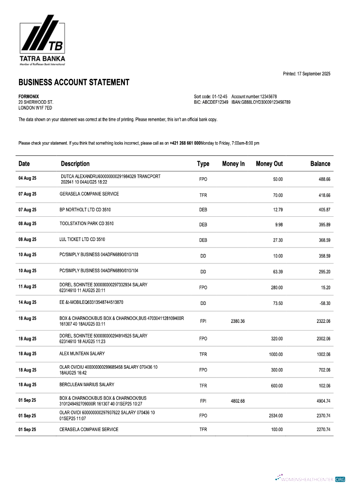 Download Slovak Tatra firm account statement Word and PDF template Photoshop template